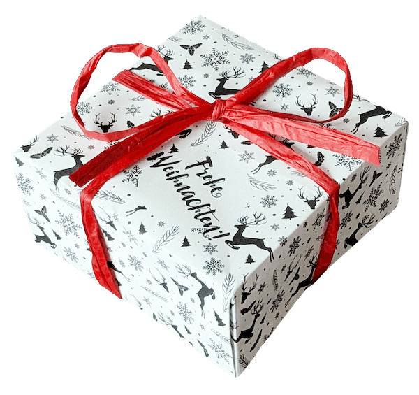 Eine quadratische Geschenkbox aus Papier mit einem weihnachtlichen Muster, einer roten Masche und dem Text „Frohe Weihnachten“.